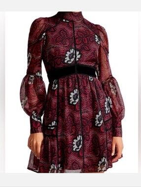 Ted Baker Red and Black Floral Long Sleeve Dress
